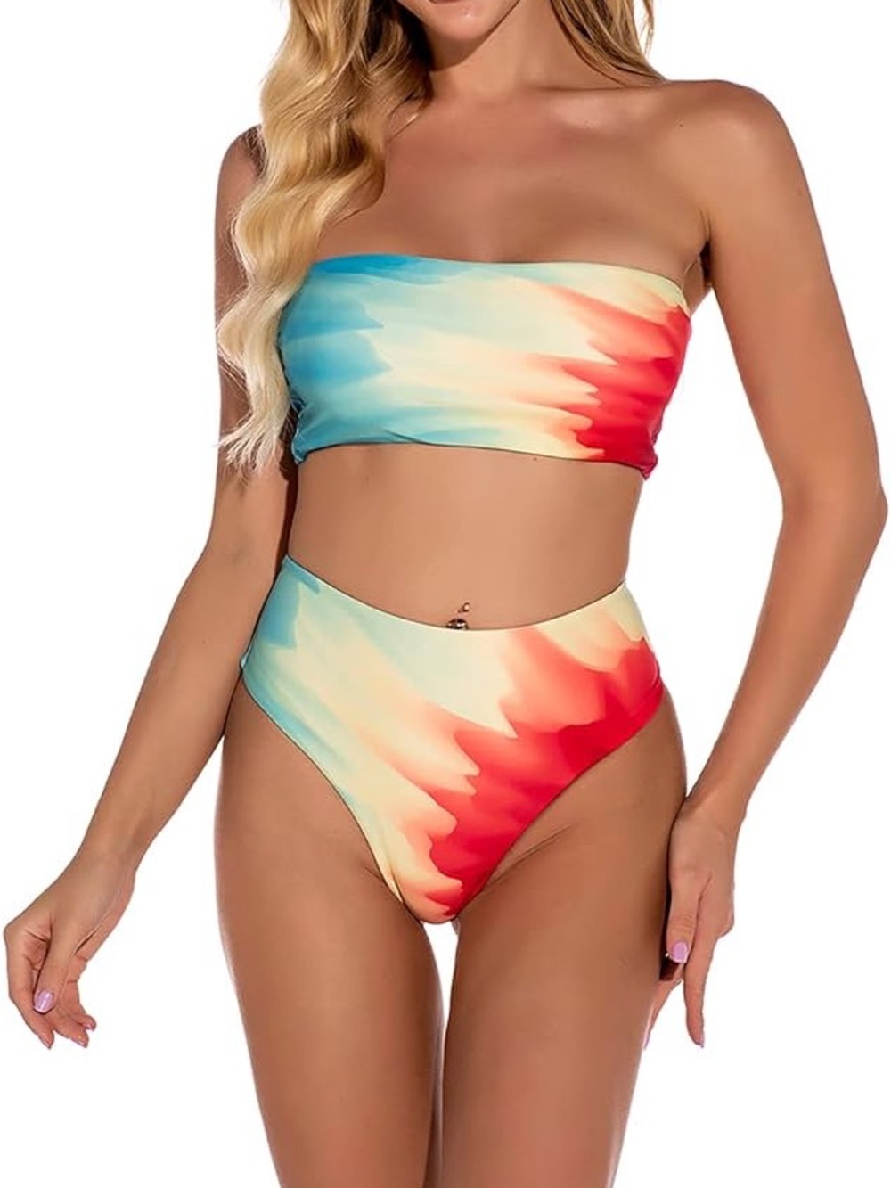 Tie-Dye Bandeau High-Waist Bikini Set - Multicolor